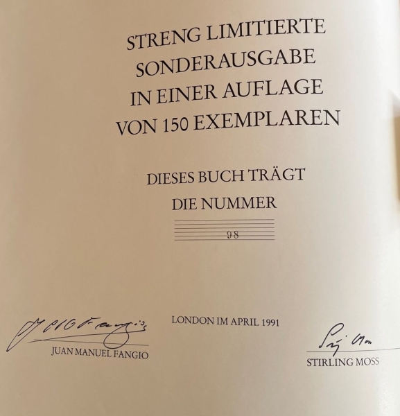 Moss "Fangio" 1991 Fangio-Racingdriver-Biography limited leatheredition signed by Fangio and Moss (3099)
